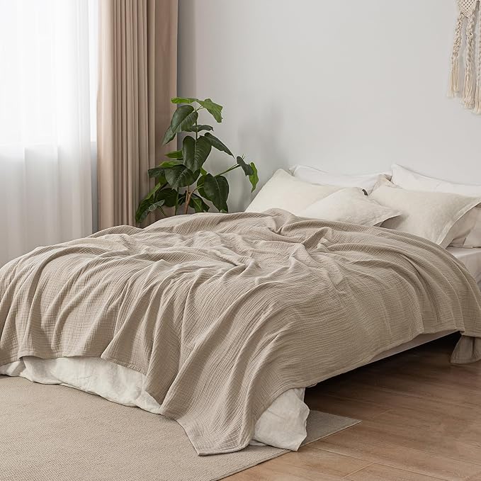PHF 100% Cotton Muslin Blanket King Size 108"x90", 4-Layer Lightweight Gauze Throw, Breathable Cloud-Soft Minimalist Blanket for Bed, Couch, Camping & Baby, Taupe, Ideal Gift