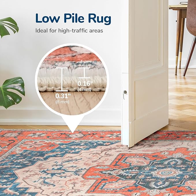Lessymo 5x7 Area Rugs for Living Room- Machine Washable Area Rugs, Super Soft Faux-Wool Boho Bedroom Area Rug Vintage Floral Medallion Non-Slip Low Pile, Kid & Pet Friendly, Tangerine Blue