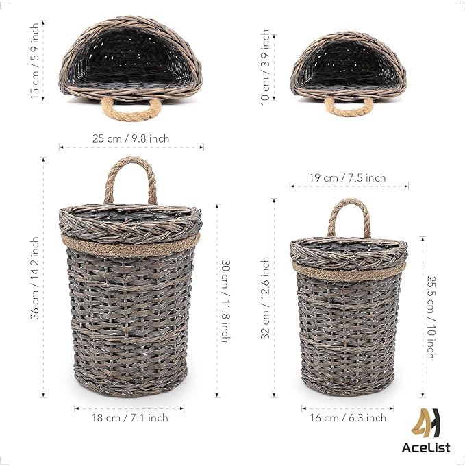 AceList 2-Pack Woven Wicker Wall Hanging Baskets, Grey Willow Wall Pocket Decor for Faux Florals & Storage - Two sizes Nesting Farmhouse Baskets for Entryway, Living Room & Door