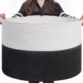 INDRESSME Large Cotton Rope Baskets for Storage, 21.7 x 13.8 Blanket Storage for Living Room Toy Baskets Kids, Baby Laundry Basket for Dirty Clothes, Pillows, 90L White & Black