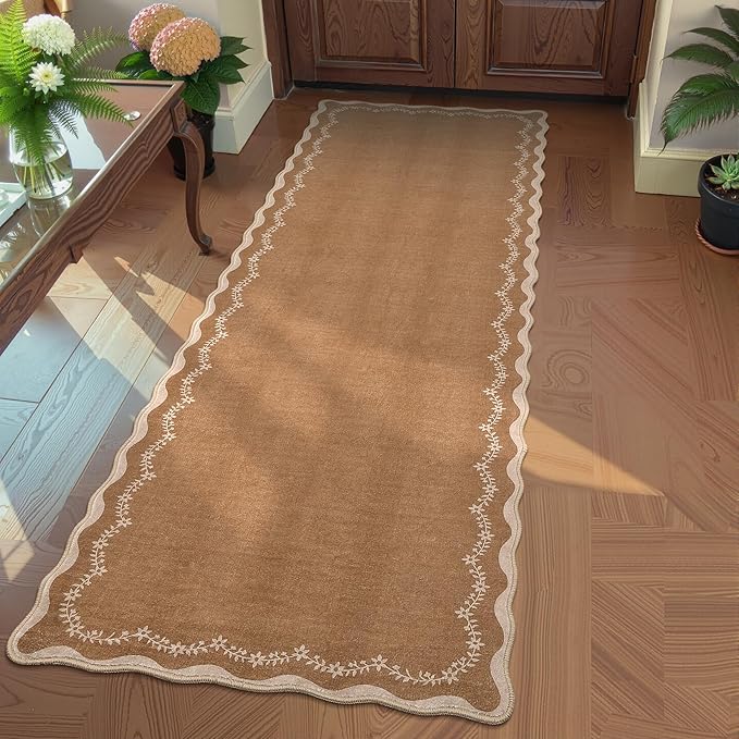 GarveeHome 2x6 Scalloped Washable Runner Rug for Kitchen, Soft Brown Hallway Runner Non Slip Entryway Rug Farmhouse Thin Laundry Mat Stain Resistant Carpet for Bedroom Bathroom Beside Rug