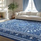 Lessymo Area Rugs 10 x 14 for Living Room, Machine Washable Area Rugs Boho Faux Wool Low Pile Area Rug for Bedroom, Floral Medallion Vintage Rugs with Non-Slip Rubber, Kid & Pet Friendly,Blue White