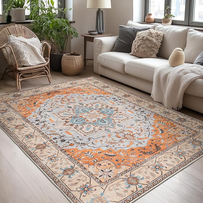 Lessymo 5x7 Area Rugs- Machine Washable Area Rugs, Super Soft Faux-Wool Area Rug for Living Room Bedroom, Boho Area Rug Vintage Floral Medallion Non-Slip Low Pile, Orange Beige