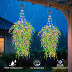 Solar Artificial Flowers Hanging Basket: UV-Resistant Fake Plants Hanging Basket with RGB String Lights for Outdoor Planters - 2 Pack Cone Faux Silk Fowers Basket for Porch Patio Home Garden Decor