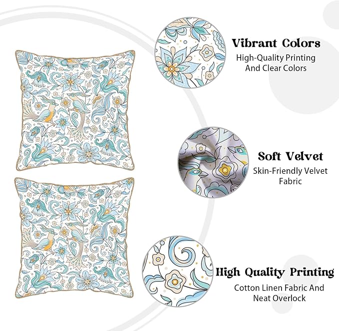 KSLIDS Vintage Floral Soft Velvet Throw Pillow Covers Set of 2 Blue Yellow Flower Birds Decorative Pillow Covers 20x20 Inch Chinoiserie Country Pillow Case for Sofa Couch Bedroom Farmhouse Home Decor