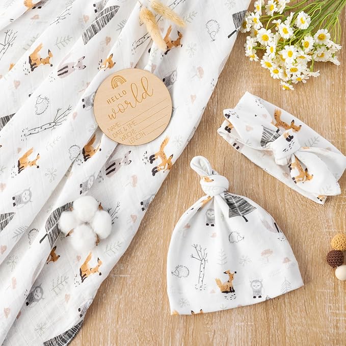 BabyWhale Muslin Swaddle Blanket with Hat and Headband Bow, Animals Print Swaddle Set for Baby Boys ＆ Girls, Newborn Soft Receiving Blanket Wrap, Owls, Foxes, Hedgehogs Pattern, 47x47 inches