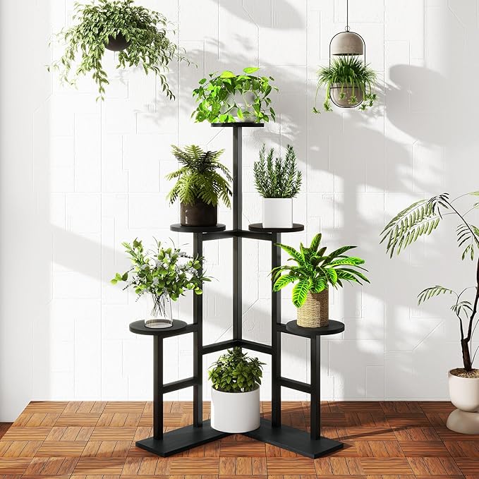 IBUYKE 6 Tier Plant Stand Indoor, Tall Flower Pot Stand for Multiple Plants, Tiered Corner Plant Shelf for Living Room Patio Balcony Garden, , Black TMJ072B