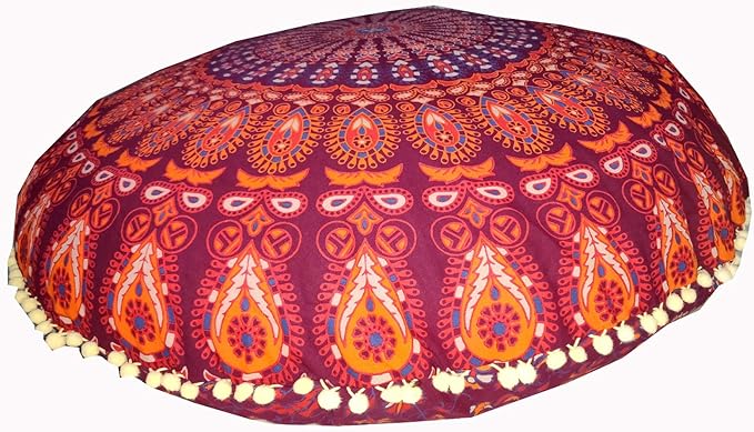 ICC 32" Indian Mandala Ottoman Throw Pouf Cover Seating Ottoman Cover Ethnic Cushions Bohemian Decor Fall Decor Pouf Case Decorative Footstool Round Floor Maroon