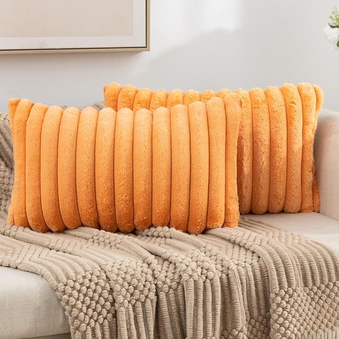 ZLINA Set of 2 Orange Faux Fur Decorative Throw Pillow Covers Fluffy Striped Pillowcase Cushion Covers 12 x 20 Inch Decor Sofa Couch Bedroom