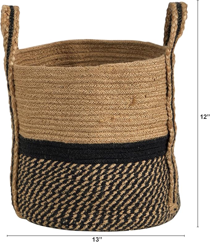Nearly Natural 13in. Boho Chic Basket Natural Jute Basket Planter, Black Bottom Natural Top with Handles