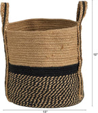 Nearly Natural 13in. Boho Chic Basket Natural Jute Basket Planter, Black Bottom Natural Top with Handles