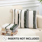 Simmore Boho Decorative Throw Pillow Covers 18x18 Set of 2, Tufted Farmhouse Pillow Covers with Tassels for Cozy Bohemian Couch Sofa Bedroom Home Decor, Green