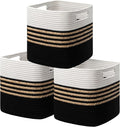 UBBCARE Set of 3 Storage Cubes 13 X 13 X 13 in, Water Hyacinth Storage Bins for Shelves, Toys, Book, Storage Baskets with Handles, Cotton Rope Woven Baskets for Organizing, Black