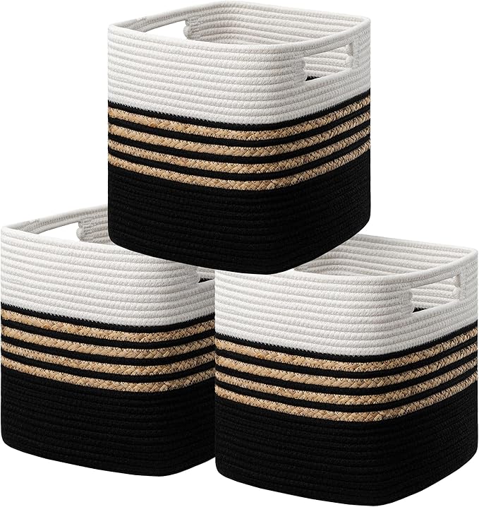 UBBCARE Set of 3 Storage Cubes 13 X 13 X 13 in, Water Hyacinth Storage Bins for Shelves, Toys, Book, Storage Baskets with Handles, Cotton Rope Woven Baskets for Organizing, Black