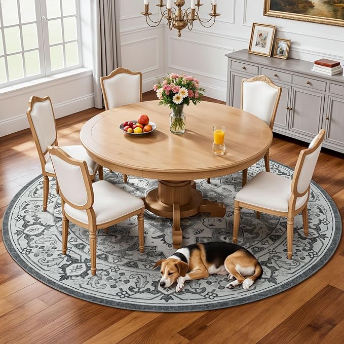 Lessymo 8FT Washable Round Area Rugs for Living Room, Non Slip Circle Rugs Low Pile Vintage Carpet for Bedroom, Dining Room, Nursery, Home Office, Grey Beige