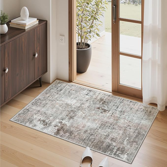 2x3 Abstract Washable Rugs for Kitchen, Floor, Entryway, Powder Room Small Area Rug Non-Slip Vintage Low Pile Throw Door Mat Pink Grey