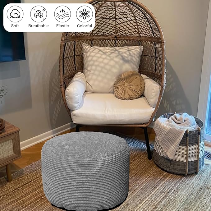 Oslimea Round Ottoman Foot Rest 20 x 15 Foot Stool Ottoman Pouf with Foam Chunk Filling for Living Room, Floor Poufs Foot Rest for Bedroom, Dark Grey Corduroy