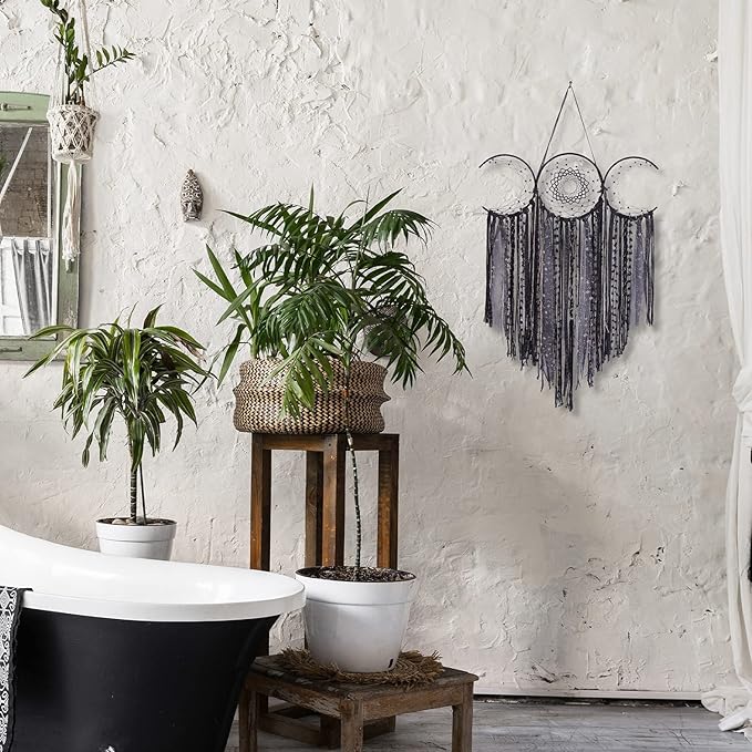 ANROYE Black Triple Moon Goddess Macrame Wall Hanging, Wicca Crescent Dream Catcher for Witch Home, Dreamcatcher for Bedroom Decoration, Pagan Woven Tapestry for Wiccan Adults Decor