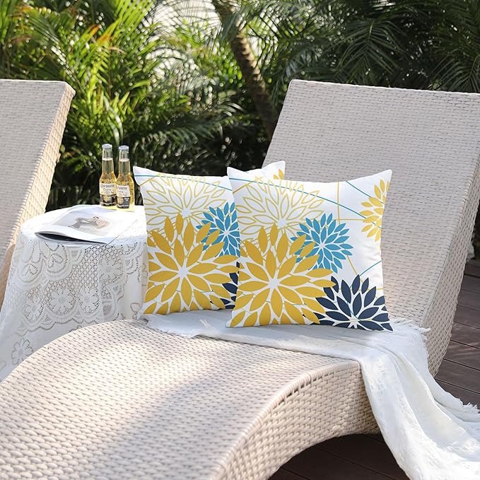 DFXSZ Yellow and Grey Floral Pillow Covers 16x16 Set of 2 Outdoor Waterproof Decorative Throw Pillows Summer Pillow Covers Polyester Cushion Case Decor for Couch Patio Funiture Garden Porch 01Z16