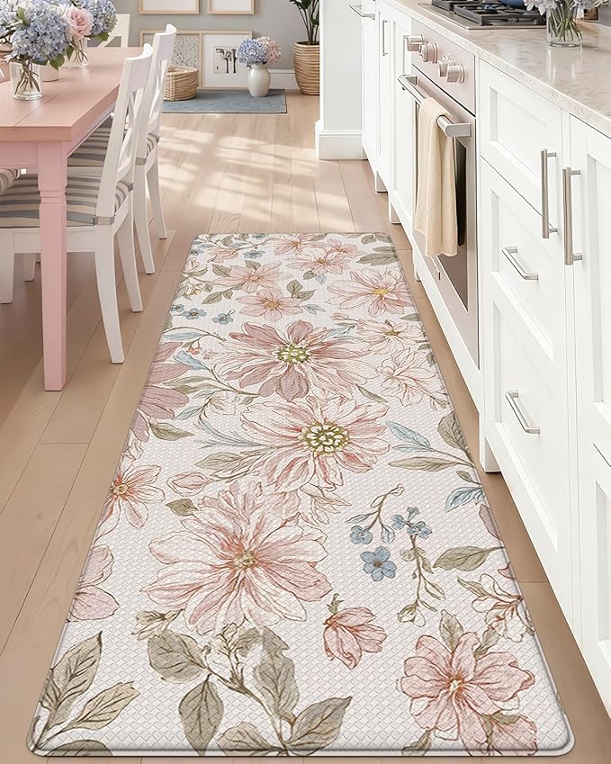 DEXI Kitchen Mats for Floor, 23x59, Cushioned Standing Mat Anti Fatigue, Wide Waterproof Comfort Floral Padded for Laundry Room Office, Pink