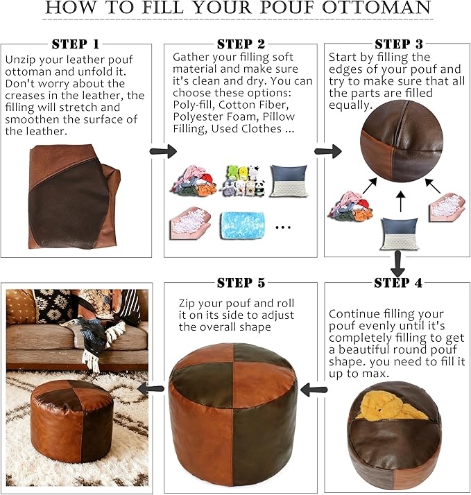 Thgonwid Unstuffed Faux Leather Pouf Cover, Handmade Footstool Ottoman Storage Solution, Floor Footrest Cushion - 16.5”Dx12”H, Brown & Coffee