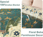 Boho Throw Blanket - 100% Cotton Soft Throw Blanket for Bed, 60"x80" Reversible Breathable Lightweight Spring Blankets, All Seasons Farmhouse Decor Floral Plant Throw Quilt
