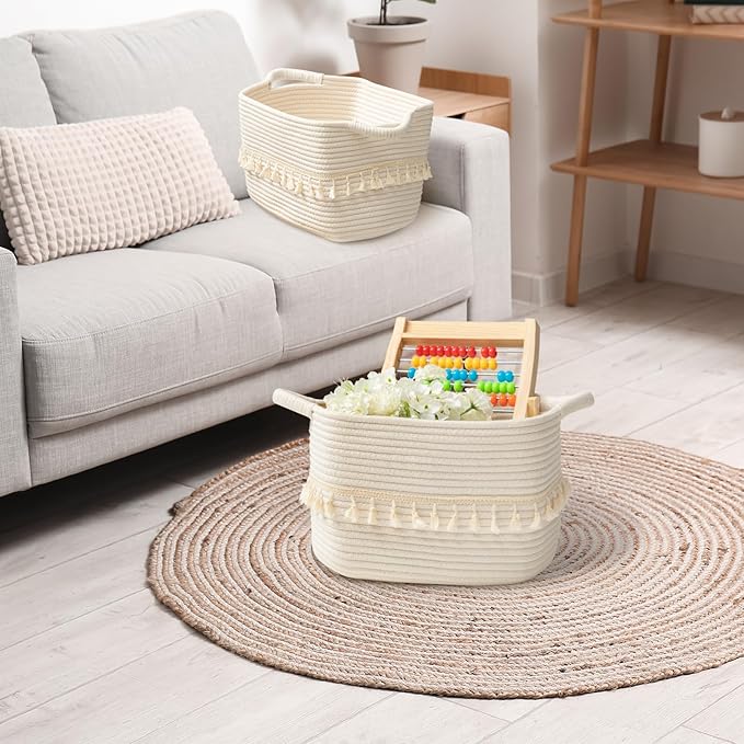 TeoKJ White Cotton Rope Baskets for Storage, Set of 3 Woven Clothes Basket for Organizing and Storage, Blanket Basket for Living Room Laundry Bathroom Shelves