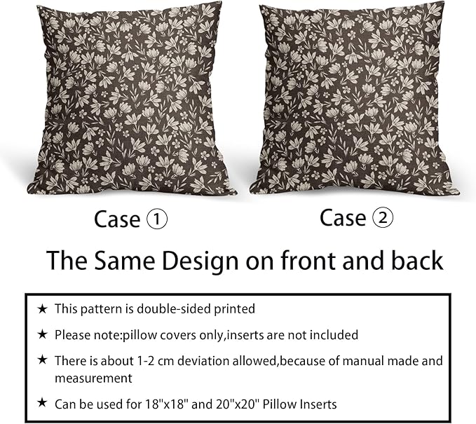 Dark Brown Pillow Covers 20x20 Set of 2 Vintage Floral Rustic Old Style Cute Flower Print Decorative Outdoor Pillowcases Seasonal Farmhouse Throw Cushion Case Decor for Couch Sofa Bed