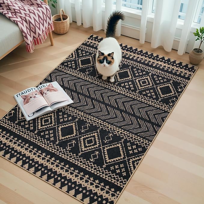 Lahome Easy Jute Boho Area Rugs for Entryway, Washable Rugs 3x5 for Kitchen, Small Non-Slip Indoor Outdoor Carpet, Western Geometric Print Front Door Carpet for Patio Balcony