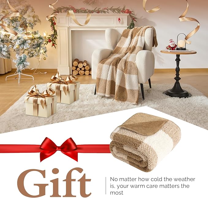LURKA Checkered Sherpa Fleece Throw Blanket – Soft and Cozy, Medium Weight for All Season, Oversized Plush Throw for Couch, Bed & Pets, Brown, 90x90 Inches