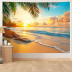 AOHMPT Ocean Tapestry, Beach Evening Sunset Tapestry, Natural Beach Palm Tree Landscape Tapestries Poster, Seaside Landscape Wall Hanging for Bedroom, Dorm Room and Living Room Wall Decor 79" L x 59" W