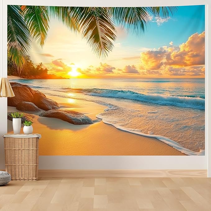AOHMPT Ocean Tapestry, Beach Evening Sunset Tapestry, Natural Beach Palm Tree Landscape Tapestries Poster, Seaside Landscape Wall Hanging for Bedroom, Dorm Room and Living Room Wall Decor 79" L x 59" W