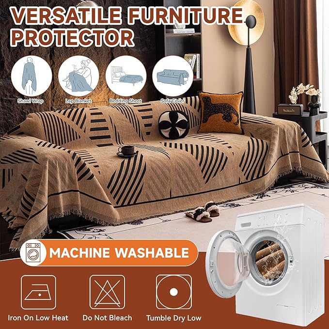 VClife Couch Cover Boho Style Sofa Cover for Dog, Modern Chenille Couch Cover for 3 Cushion Couch Sofa, Non Slip Brown Geometry Couch Protector with Tassel Sofa Slipcover Throw, 71"X134"