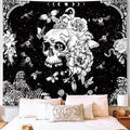Black and White Gothic Tapestry for Bedroom Aesthetic, Skeleton Goth Witchy Tapestries Wall Hanging, Skull Floral Poster Backdrop for Living Gaming Room Dorm Decor 51in X 60in