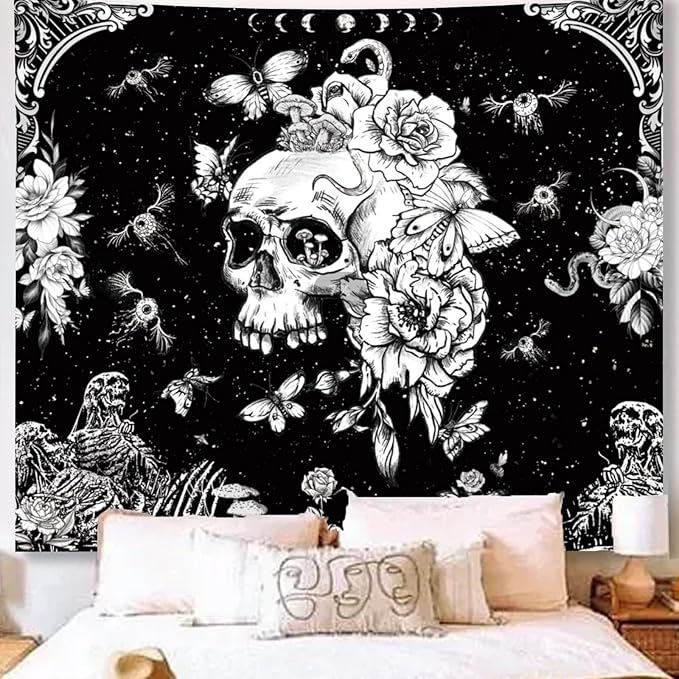 Black and White Gothic Tapestry for Bedroom Aesthetic, Skeleton Goth Witchy Tapestries Wall Hanging, Skull Floral Poster Backdrop for Living Gaming Room Dorm Decor 51in X 60in