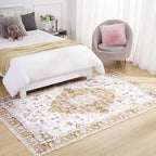 Amearea Vintage Design Area Rugs for Living Room, 4x6 Machine Washable Floral Collection Traditional Bedroom Rug, Low Pile Cute Kids Room Print Carpet, No Slip Office Kitchen Home Decor, Gold Yellow