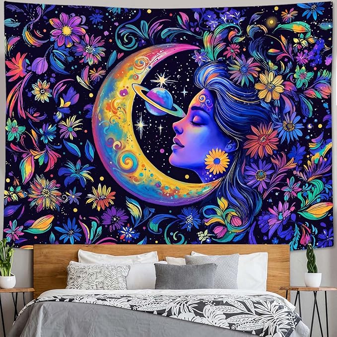 Accnicc Purple Sun and Moon Tapestry for Bedroom Hippie Boho Floral Flower Plant Wall Tapestry Aesthetic Celestial Star Large Tapestries Wall Hanging for Living Room Dorm 80 x 60 Inch