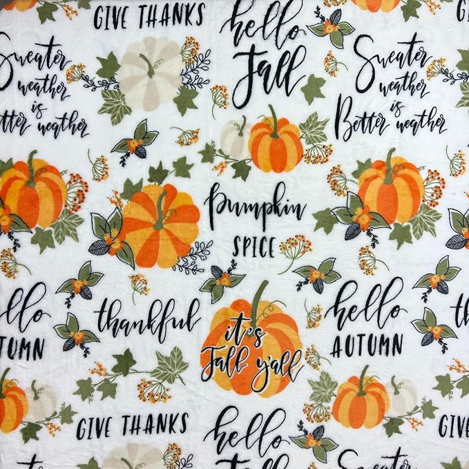 Fall Throw Blanket: Colorful Autumn Harvest Time Saying and Pumpkin Print on Soft White Velvet Fleece for Sofa Bed Couch Chair or Dorm