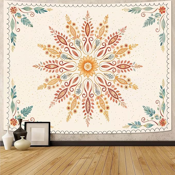 Accnicc Boho Floral Mandala Tapestry for Bedroom Bohemian Flower Wall Tapestry Aesthetic Small Watercolor Yellow Beige Hippie Indian Tapestries Wall Hanging for Living Room Dorm Decor 48 x 32 Inch