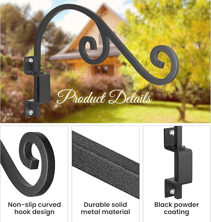 Swivel Plant Hangers Outdoor: 2 Pack 16 Inch Metal Hanging Plant Bracket Sturdy Wrought Iron Plant Hooks Indoor Wall Mount for Hanging Bird Feeders, Lanterns, Flower Baskets, Wind Chimes, Black