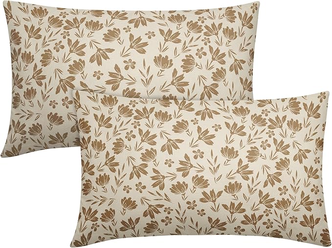 Brown Floral Pillow Covers 12x20 Set of 2 Vintage Rustic Old Style Cute Small Flower Brown Cream Print Decorative Outdoor Pillowcases Farmhouse Throw Cushion Case Decor for Couch Sofa Bed