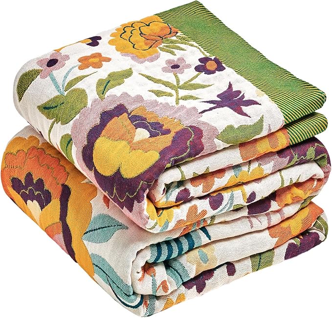 Boho Throw Blanket - 90"x90" 100% Cotton Ultra Soft Lightweight Blanket, 4-Layer Breathable Muslin Spring Blankets for Bed Couch, Reversible Green Floral Bird Printed Bohemian Cotton Quilt