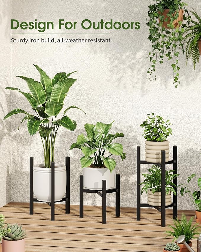 3 Pack Plant Stand Indoor Adjustable, Metal Modern Indoor Plant Stand, Heavy Duty Single Plant Stands Outdoor Corner, Stable Plant Holder Indoor Stand, Fits 8 to 12 Inches Pots, Black