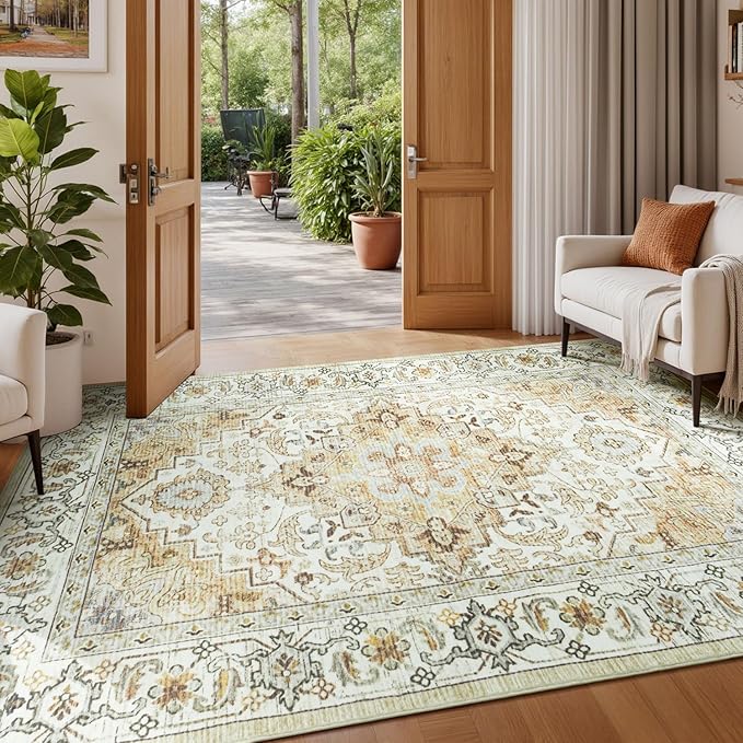 Lessymo 5x7 Area Rugs- Machine Washable Area Rugs, Super Soft Faux-Wool Area Rug for Living Room Bedroom, Boho Area Rug Vintage Floral Medallion Non-Slip Low Pile, Kid & Pet Friendly, Beige