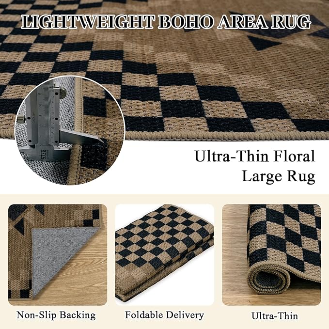 LIVEBOX Easy Jute Checkered Rug Runners for Hallways Non Slip, 2x5 Washable Rug for Kitchen Ultra Thin No Shed Jute Rugs Entryway Runner, Black and Beige Farmhouse Throw Carpet for Bathroom Laundry