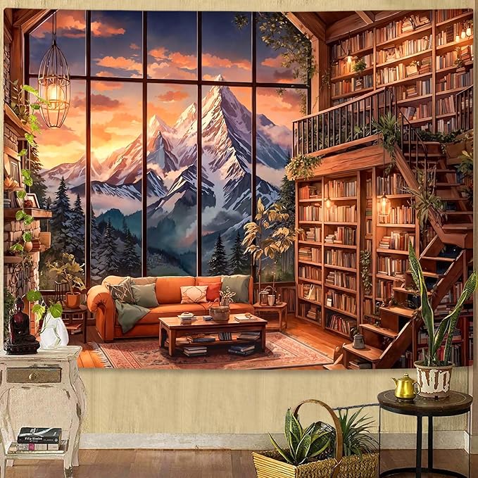 Accnicc Forest Mountain Library Tapestry Fantasy Bookshelf Tapestries Wall Hanging Vintage Watercolor Nature Fairy Library Backdrop Large Tapestry for Bedroom Living Room Dorm Classroom 80 x 60 inch