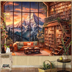 Accnicc Forest Mountain Library Tapestry Fantasy Bookshelf Tapestries Wall Hanging Vintage Watercolor Nature Fairy Library Backdrop Large Tapestry for Bedroom Living Room Dorm Classroom 80 x 60 inch