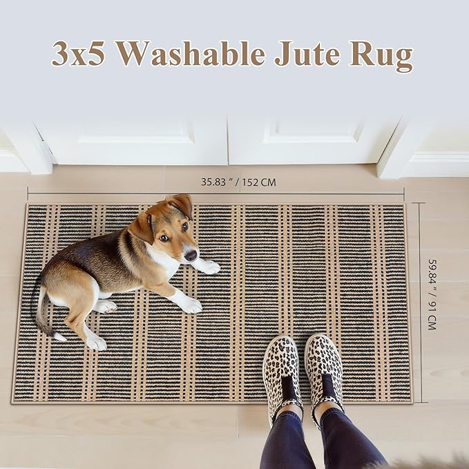 LIVEBOX Easy Jute Indoor Outdoor Rug 3x5 Front Porch, Black Striped Washable Outdoor Rugs for Entryway Living Room, Non Slip Rug Geometric Carpet Door Mat for Entry Front Door, Patio, Kitchen, Bedroom