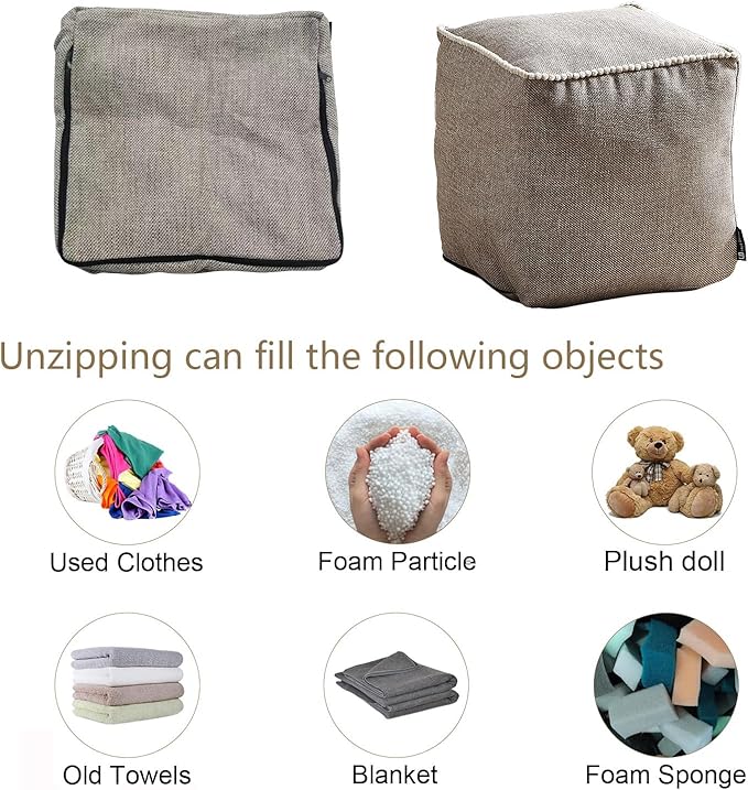 Louis Donné Unstuffed Storage Pouf Ottoman Cover 45x45 Cotton Linen DIY Decorative Footrest for Living Room Bedroom Home Office Replacement (Only Cover)