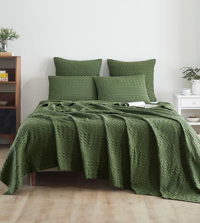VHC Brands 100% Cotton Waffle Weave Twin Blanket 66"x90", Decorative Lightweight Spring and Summer Throw Blanket, Bedroom Decor for Bed, Couch, or Sofa, Olive Green
